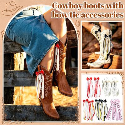 Western Style Cowboy Martin Boot Charm Accessory Bowknot Ribbon Tassel Shoe Decoration with Feather and Lace Detailing for Boots