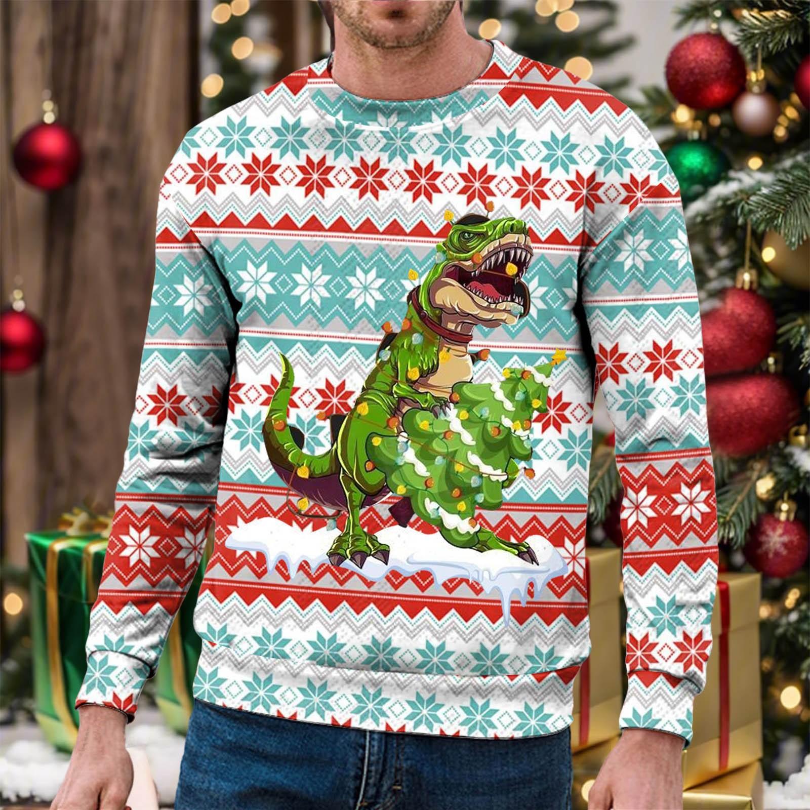 

Чоловічий різдвяний світшот Пуловер з круглим вирізом Осінь-зима Сорочка з довгими рукавами Сучасний светр із принтом динозавра Чоловіча вечірка M