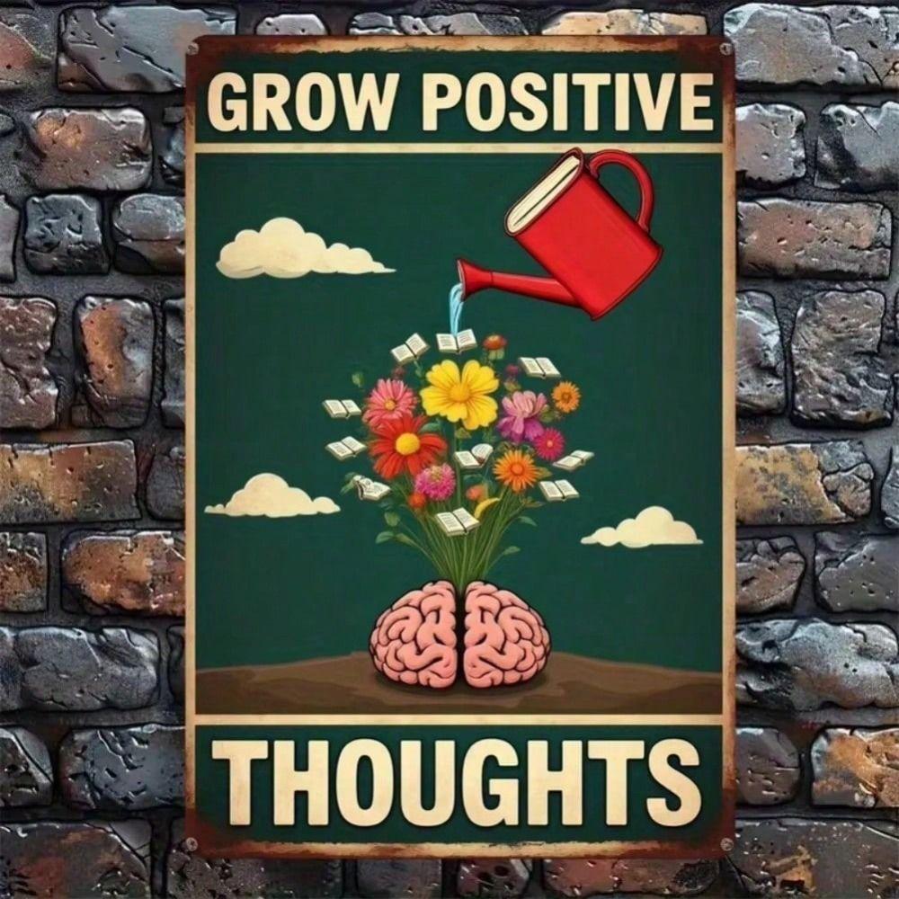 Vintage Iron Wall Art, Colorful Brain Floral Poster for Positive Thinking, Rustic Office Decor