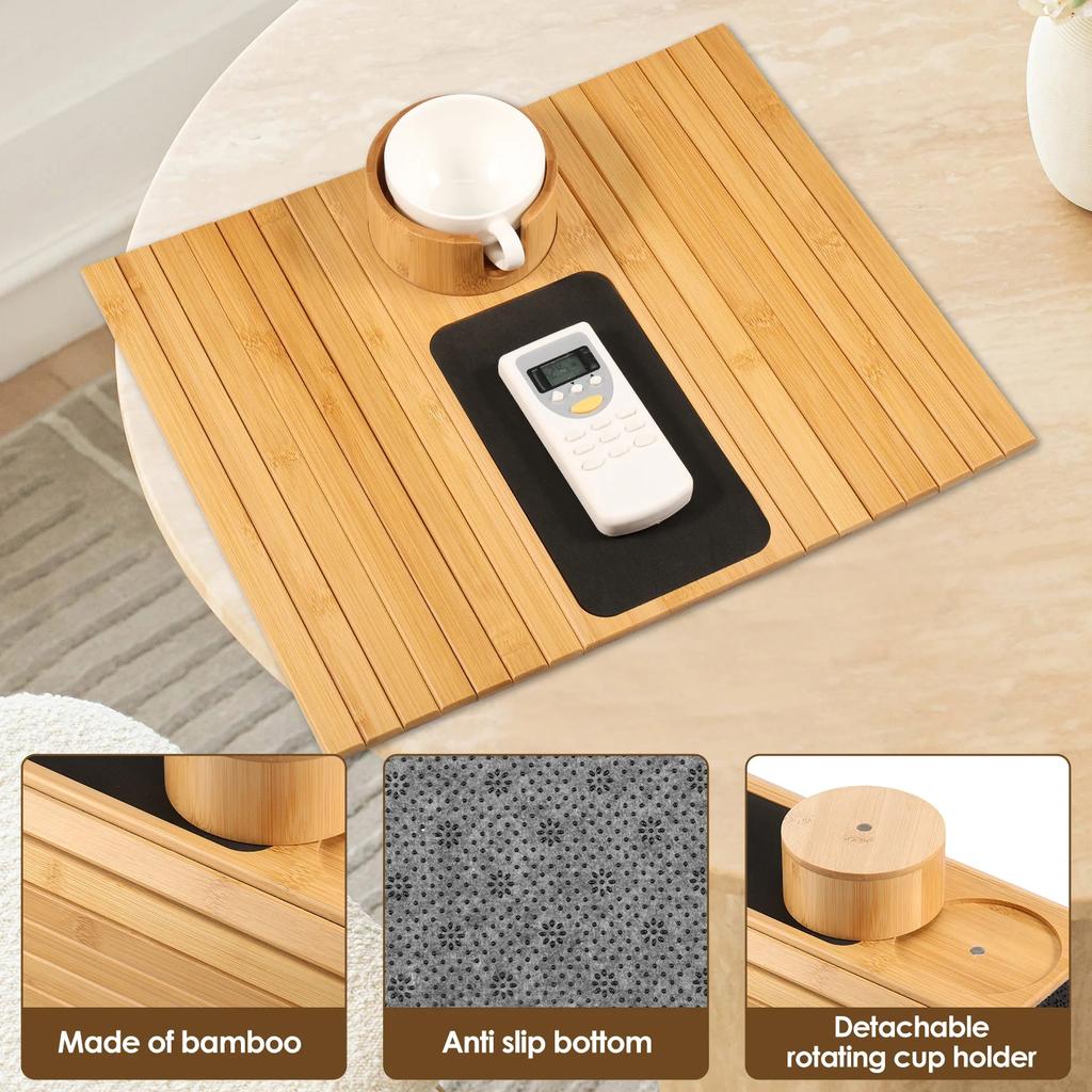 3 in 1 Couch Cup Holder Natural Bamboo Sofa Armrest Tray Foldable Beverage Cups Remote Control Phone Holder Multifunctional