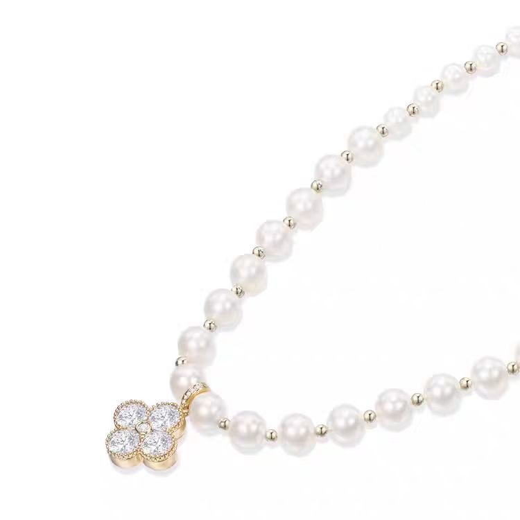 Four-Leaf Flower Pearl Necklace Women'S High Sense Versatile Temperament Zircon Pendant