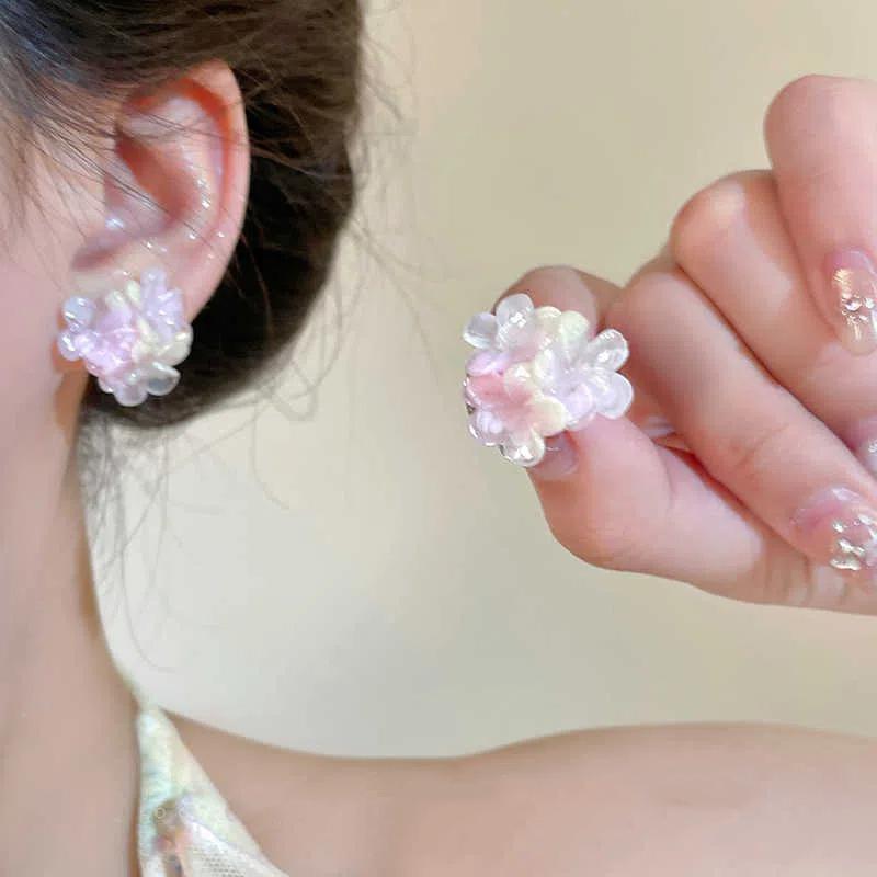 Embroidered Ball Flower Stud Earrings with Contrasting Resin for Stylish Women; Sweet Fashion Ear Jewelry