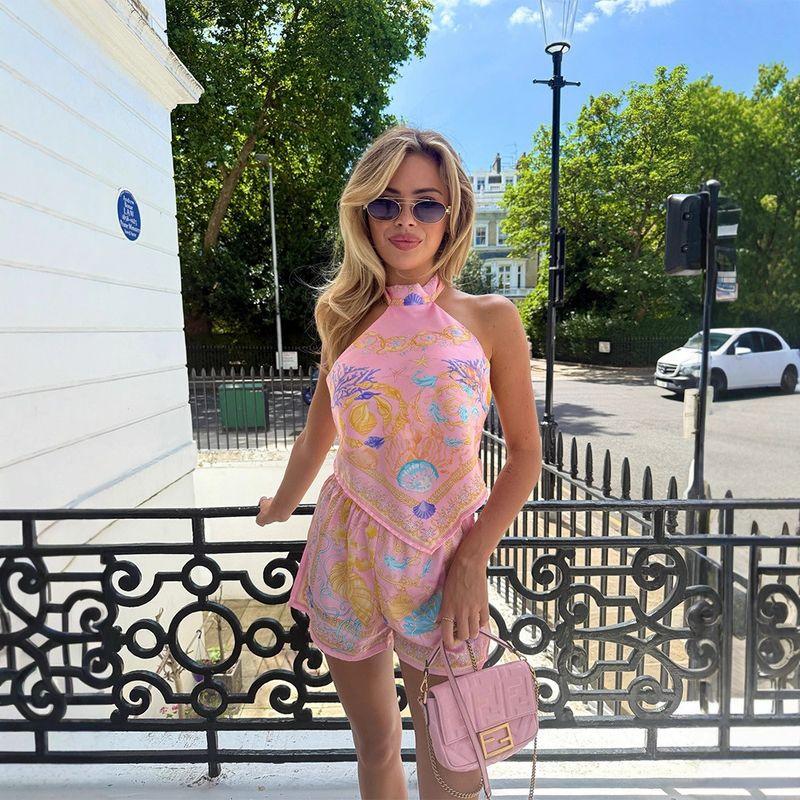 

Комплект майки и шорт Европейский и американский Новый пляжный принт Топ-халтер без спины Комплект шорт Pink L