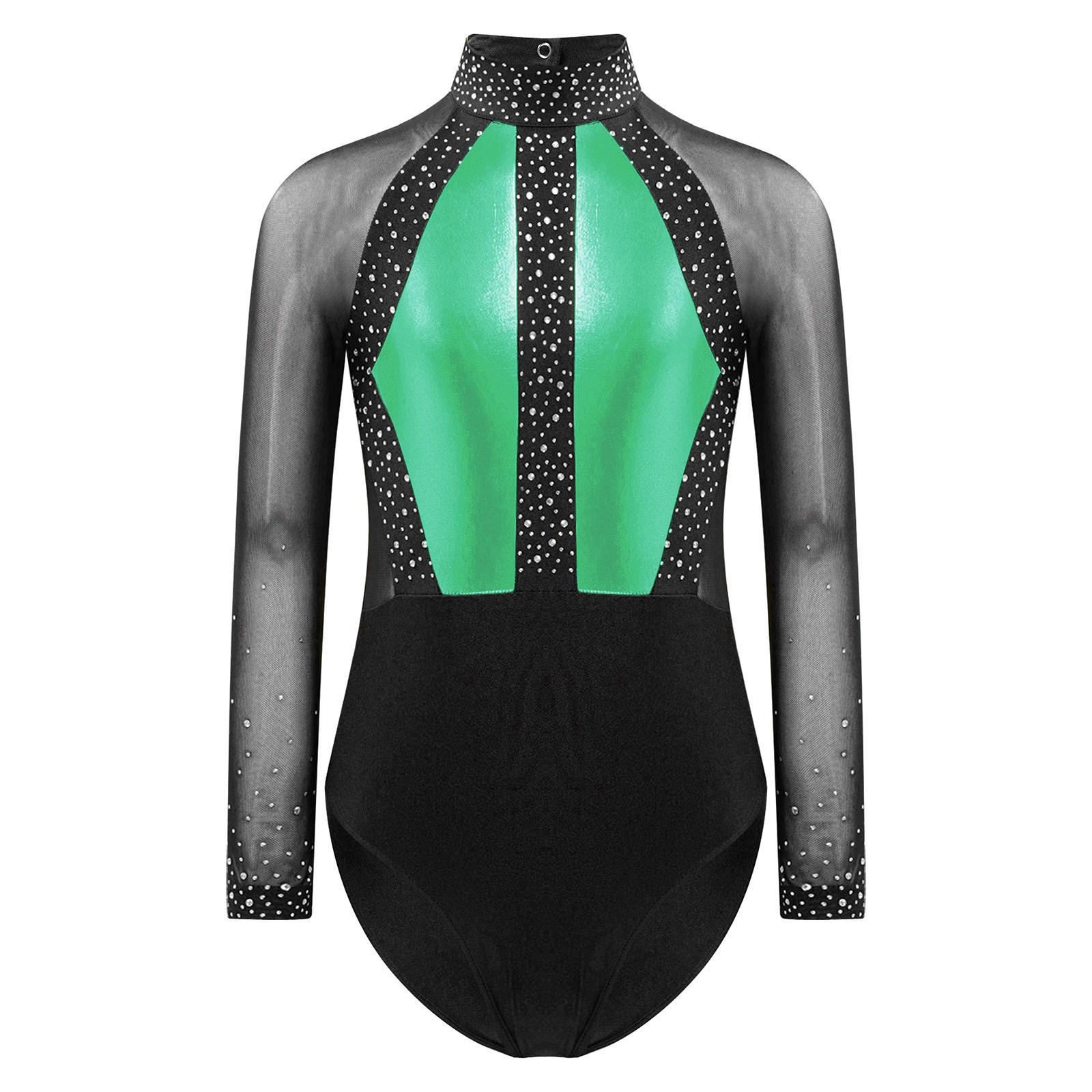 

Girls Sparkly Bodysuit Long Sleeve Keyhole Back Mesh Patchwork Color Block Figure Skating Leotard 5-6 Years зелений