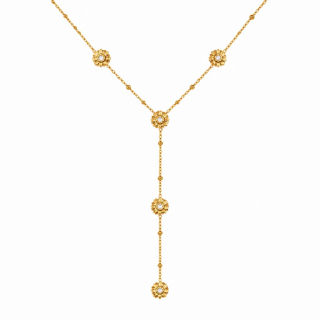 Stainless Steel Flower Daisy Zircon Y-shaped Tassel Long Clavicle Chain Adjustable Vacation Style Neck Chain