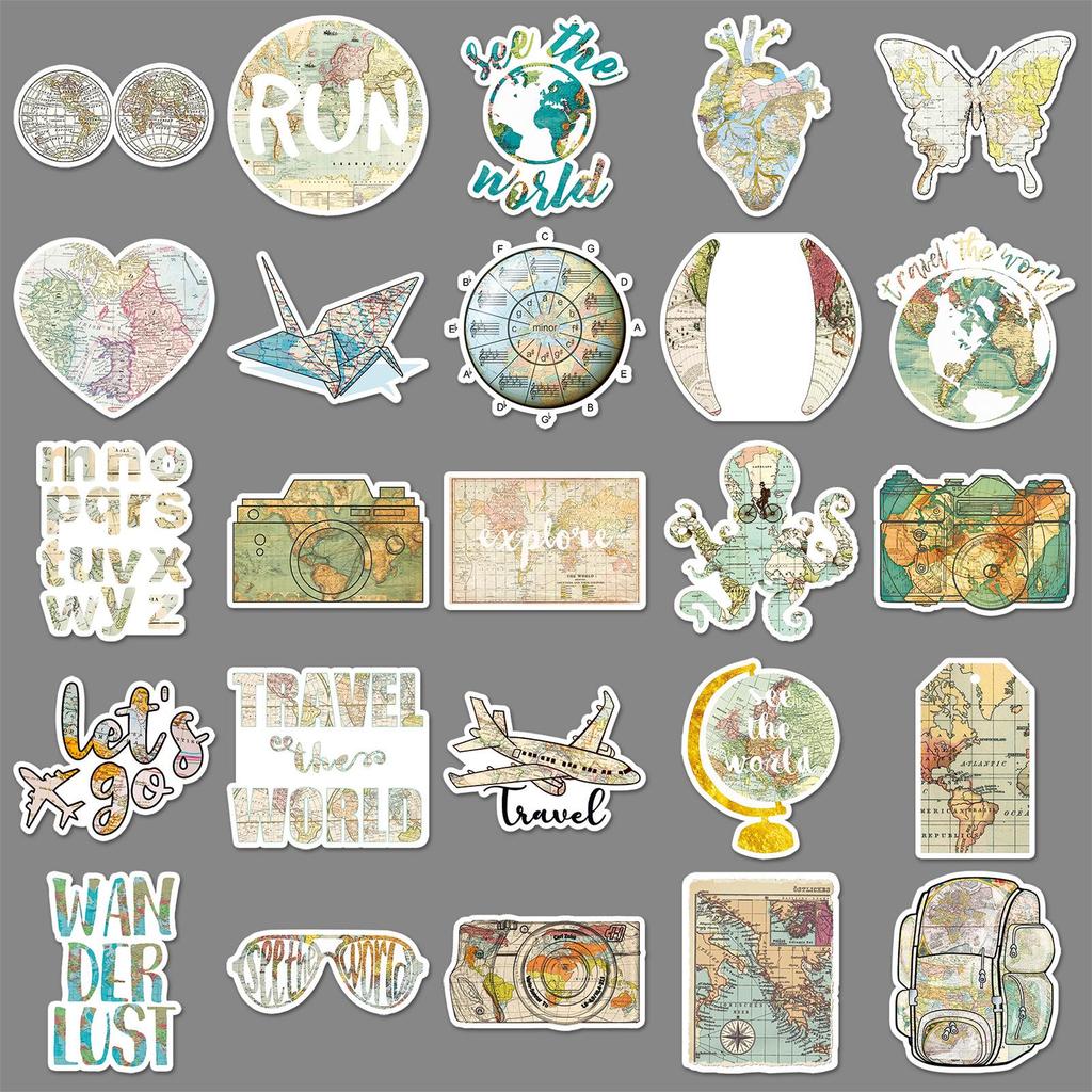 World Map Retro Art Waterproof Stickers Set (50 Sheets) for Decoration: Computer, Thermos Cup, Notebook