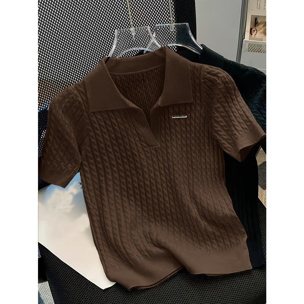 Tricou cu mâneci scurte cu mâneci scurte, cu rever, cu rever, din mătase de gheață