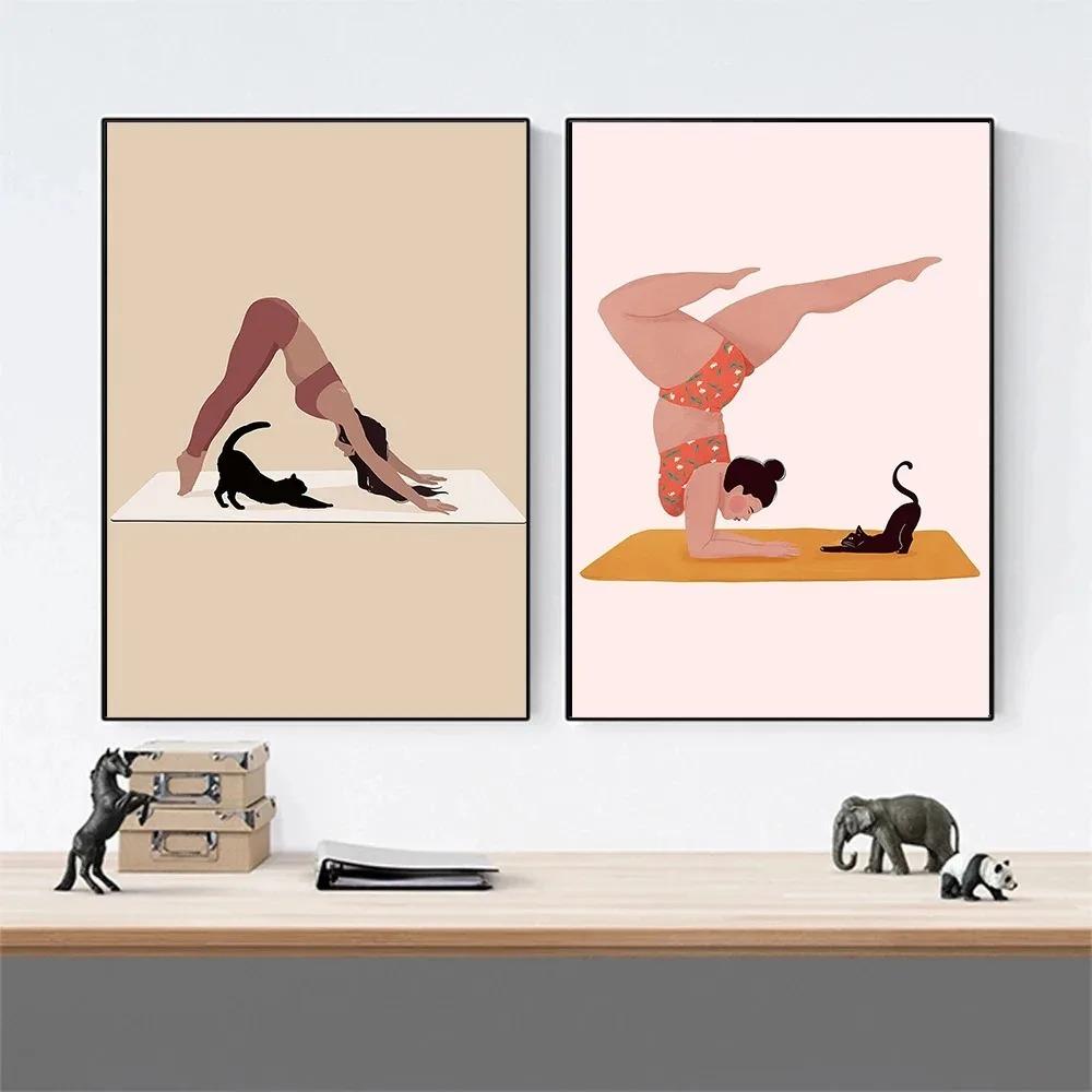 Yoga Liebhaber Posen Verschiedene Professionelle Bewegungen Kaffee Katze Poster Druck Wandkunst Bilder Leinwand Malerei Zimmer Heimdekor