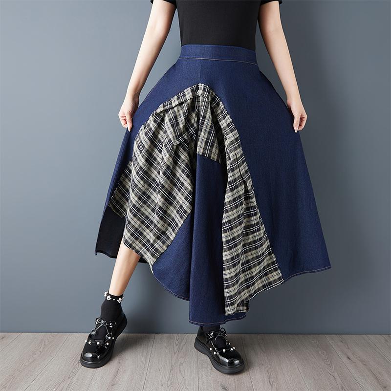 Übergröße High Waist Denim Vintage Patchwork Sommer Lässig Locker Lang für Damen Röcke Damenrock