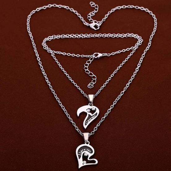 Mens Women Couple I Love You Rhinestone Heart Pendant Chain Necklace Jewelry AVE