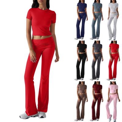 Women's Casual Summer Solid Color Slim Fit Short Sleeve Pleated Trousers Sports Fashion Set