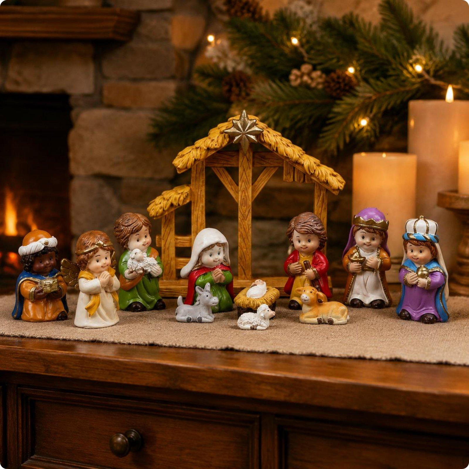 Cartoon Nativity Stable Set Scene Figurines Display Piece Manger Figurine Multicolor Multicolor