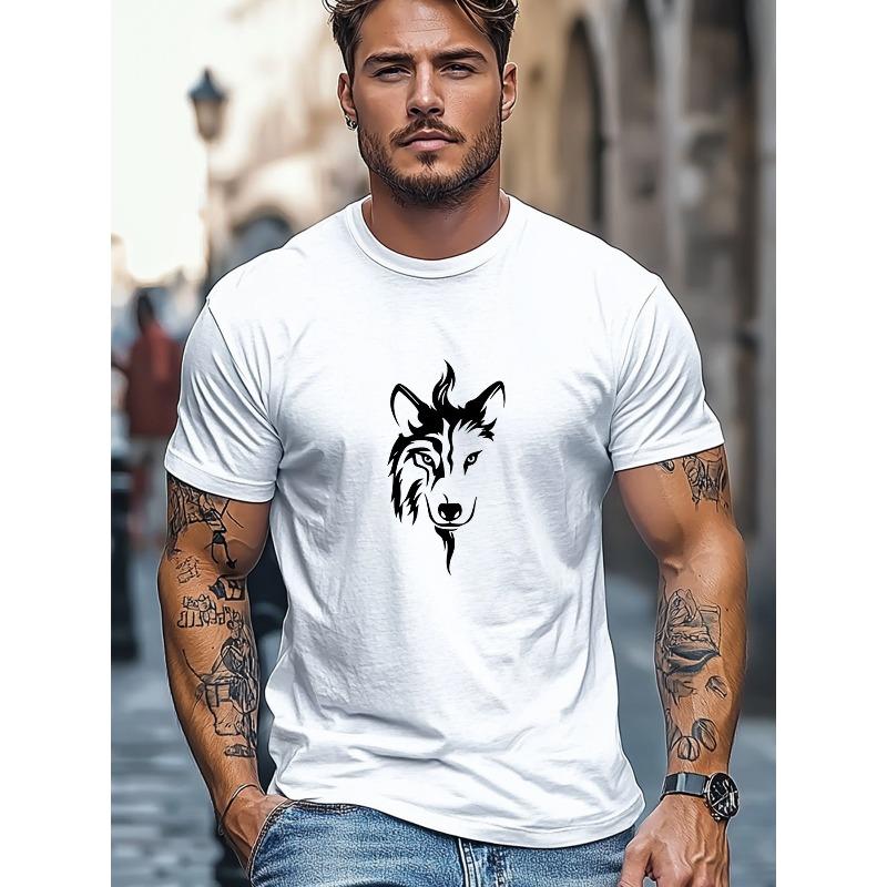 Men's T-shirt, Comfortable and Versatile, Relaxed and Casual, Men's White Wolf Head Graphic Summer Casual Crew Neck Short Sleeve T-shirt