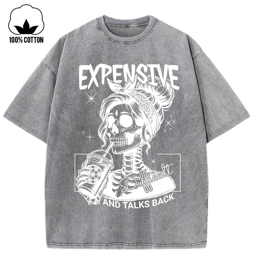 

Expensive Talks Back Drink Skulls Designwomen Washed Holes T Shirts Crewneck Sport T-Shirt Loose Summer Tops Cotton 3XL