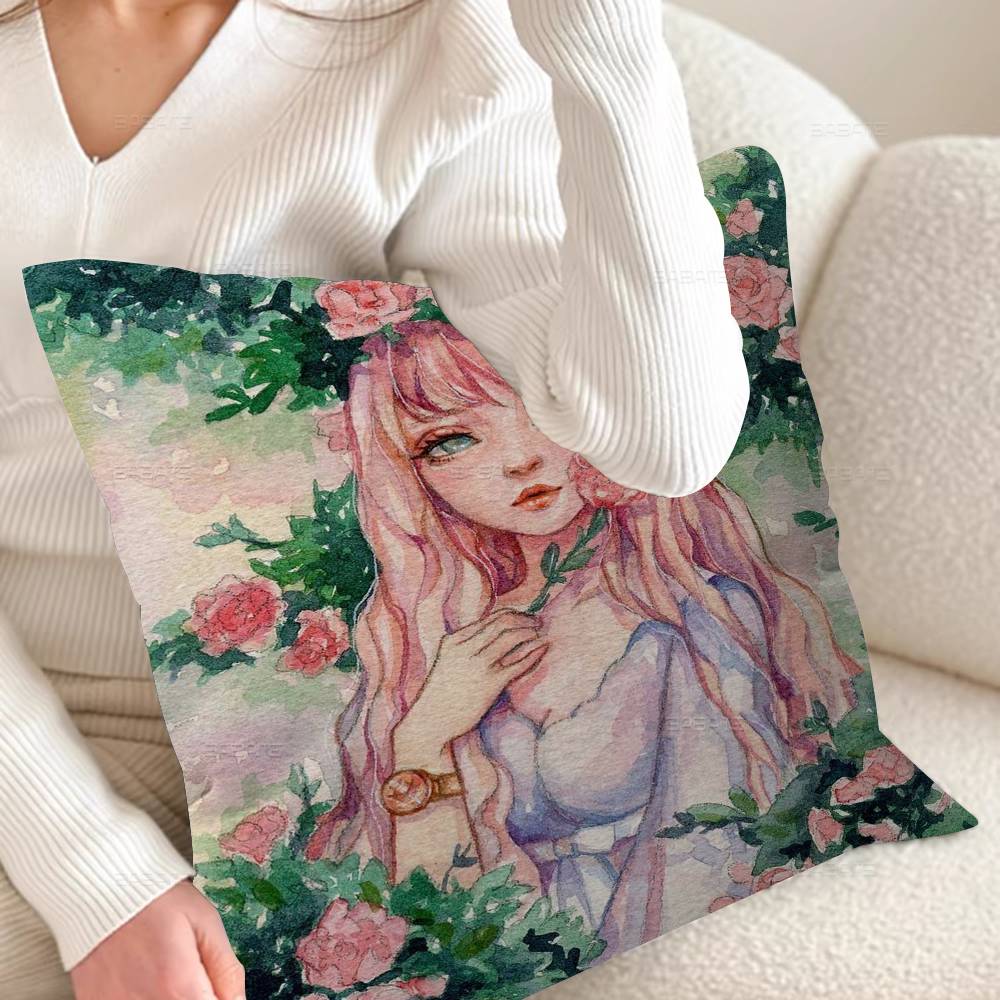 Cartoon Girl Flower Paint Pillow Anime Pillow Sofa Bed Head Pillow Cover Cushion Cover 45x45 Cm Fashion