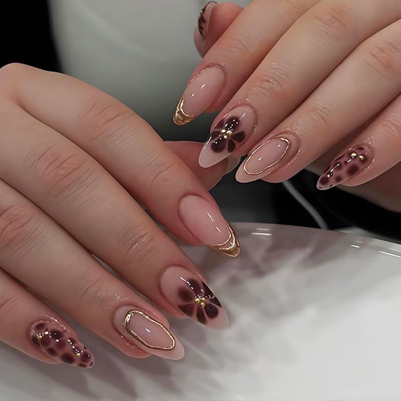 Flower Press on Nails Short Almond Fake Nails Spring Summer Nails Shell French Tip False Nails Press ons with Pearl Design Glossy Acrylic Reusable