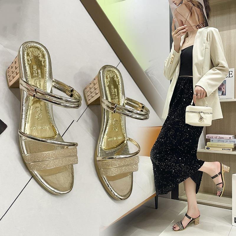 Women's shoes fashion super high heel sandals new thick heel with fashion rhinestone thick heel comfortable slippers