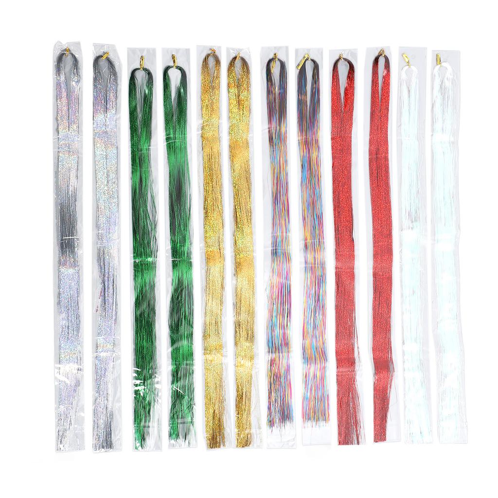 Hair Tinsel Kit 12 Pcs Colorful Glittering Hair Extensions Tinsel Strands with Crochet Hook Pliers