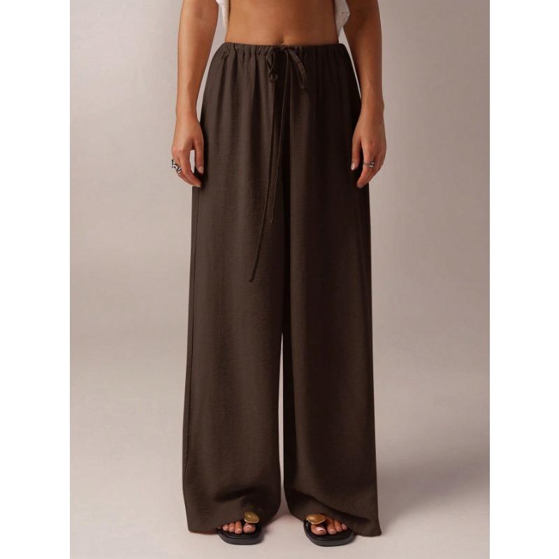 Women Casual Loose Solid Color Low Waist Wide Leg Straight Floor Length Long Pants