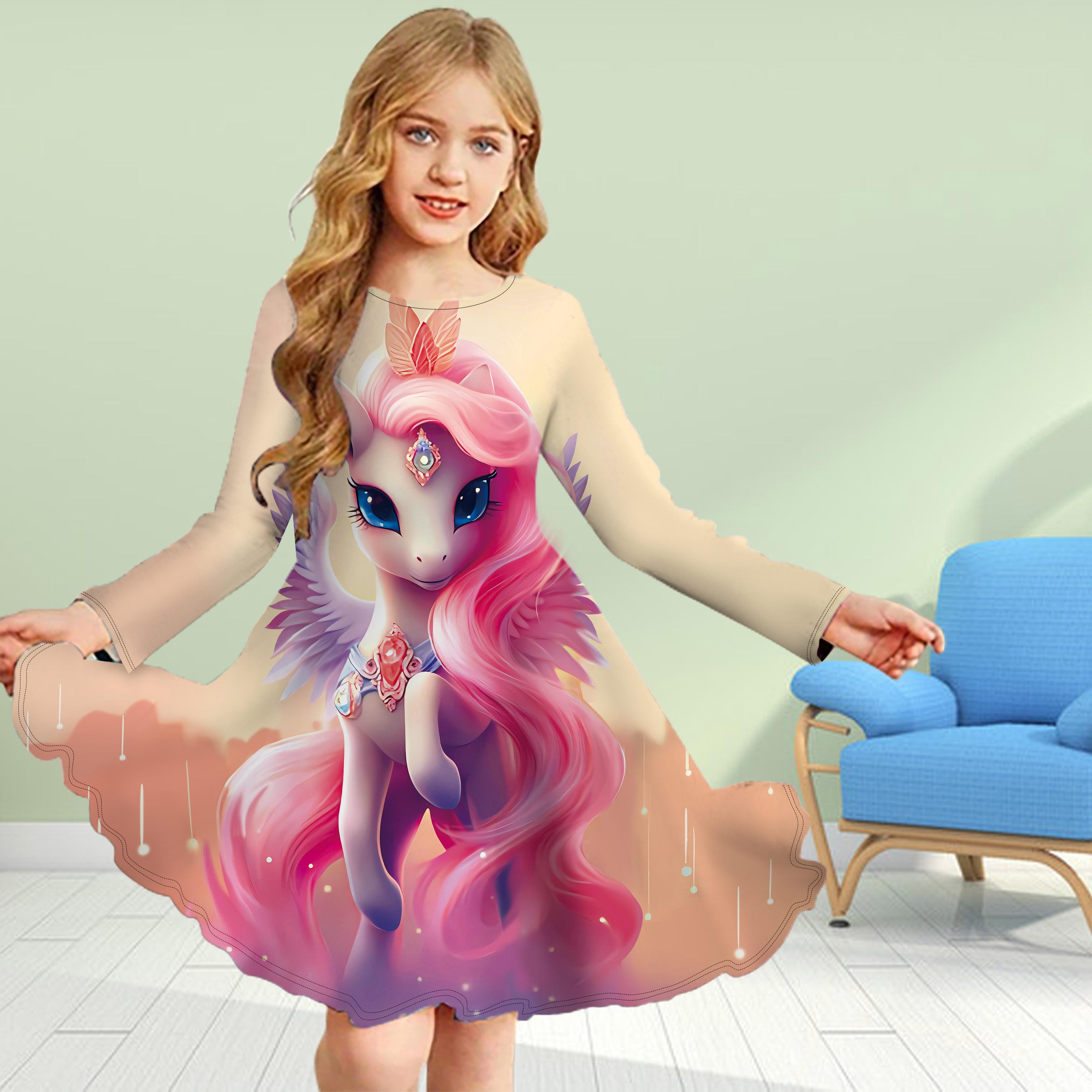 

Повседневное платье для девочек с 3D-принтом, розово-красным единорогом, круглым вырезом и длинными рукавами, детское платье принцессы 180 ярко-розовый