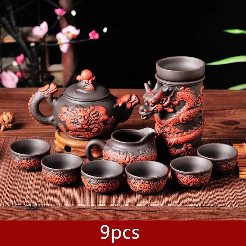 

Authentic Yixing Dragon Teapot Sets 9pcs Boutique Purple Clay Tea Set Handmade Zisha Tea Pot and Cup Set Customized Teaware Gift Over Eight-piece Set