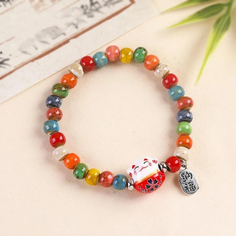 Cute Lucky Cat Bracelet For Girls Adjustable Colorful Beaded Harajuku Ceramic Cat Pendant Charm Jewelry A9