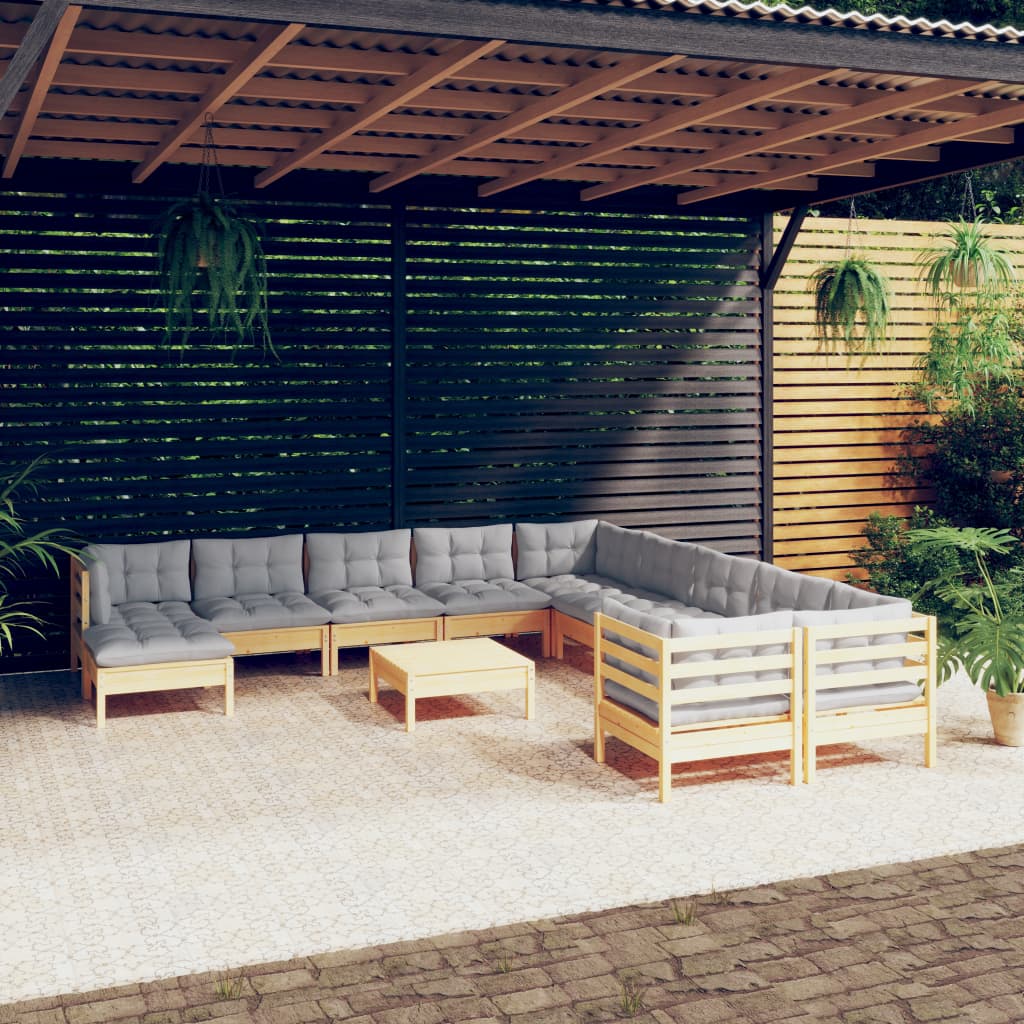 12 Piece Garden Lounge Set with Grey Cushions Pine Wood