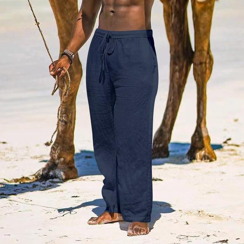 Sommer pustende linbukser for menn Lett yoga strand bomull lin ensfargede bukser løs Uformell