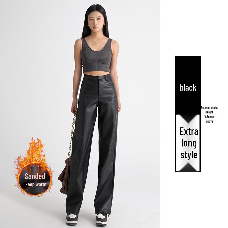 

Женские брюки с высокой посадкой из ПУ кожи с широкими штанинами для осени и зимы L, Recommended 110-120 lbs