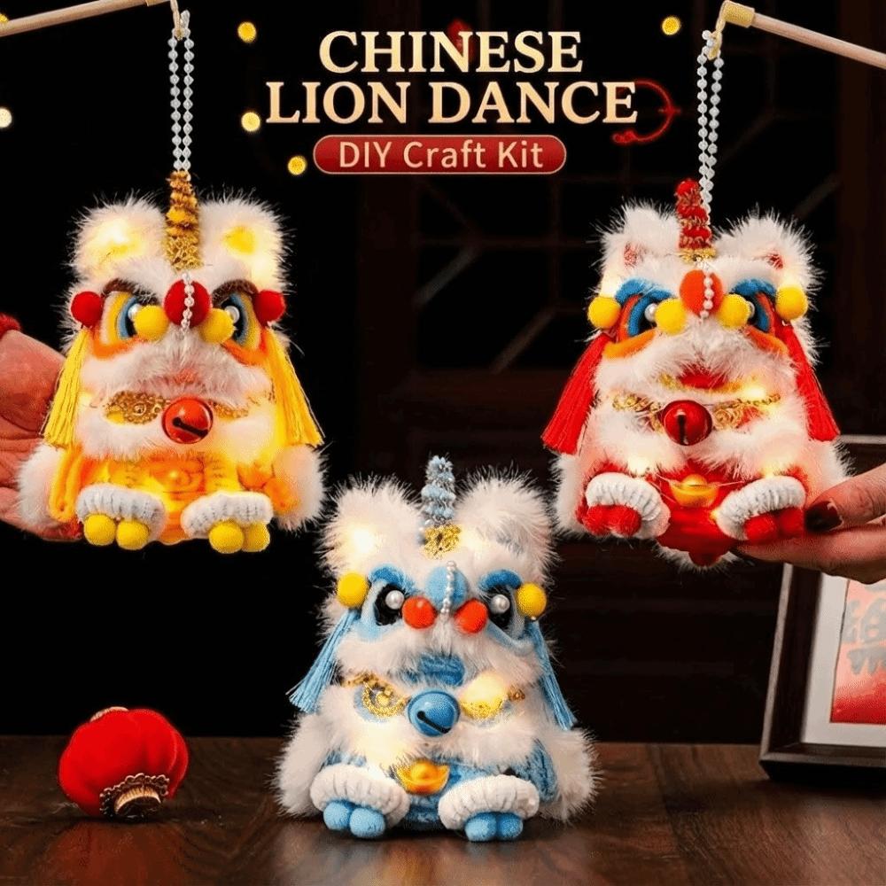 Glowing Soft Lion Dance Lantern Lion Dance Hand-held Chinese New Year Lantern DIY Fluffy Pipe Cleaner Craft Kit Kids Gift