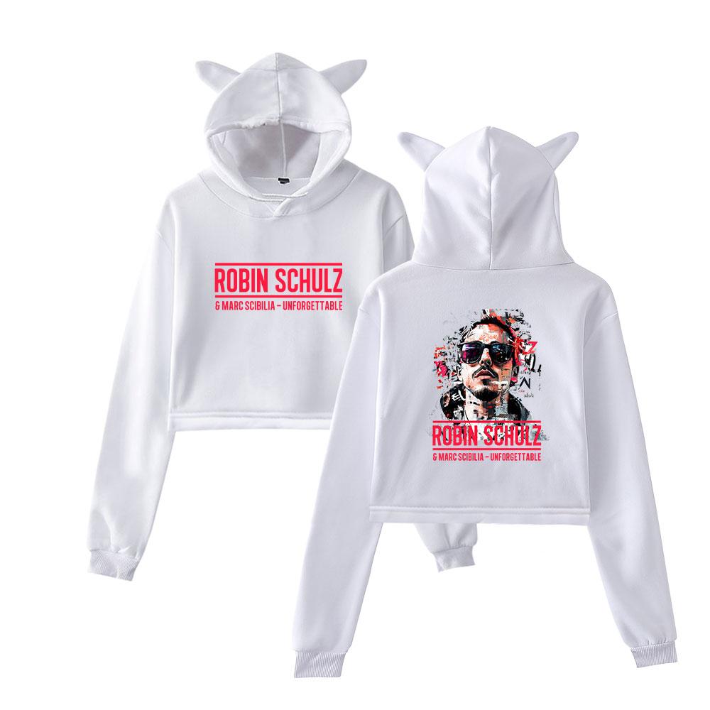 Fashion Robin Schulz Printed Kawaii Crop Top Hoodie Funny Cat Ear Cropped Short Sweatshirt Hooded Pullover Women Tops Streetwear