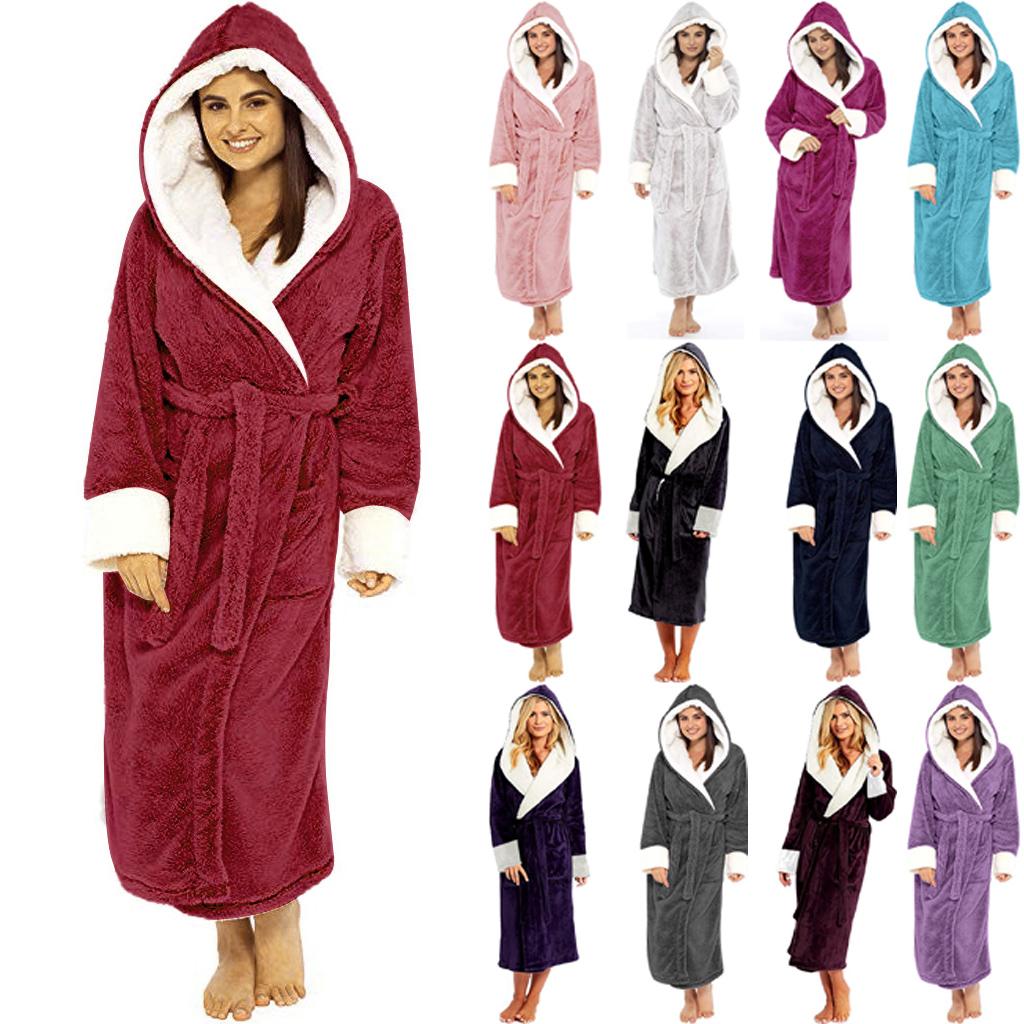 Women's Solid Color Long Sleeved Plush Bathrobe With Belt