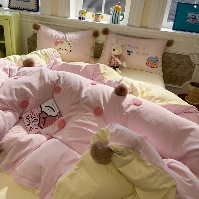 Cartoon Embroidery Bedding Set Dorm Bed Sheet Pillowcase Comforter Cover Soft Home Textile