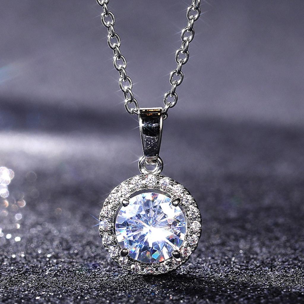 Round Center Stone Micro Pave Halo Pendant Women Cable Link Chain Clavicle Necklace
