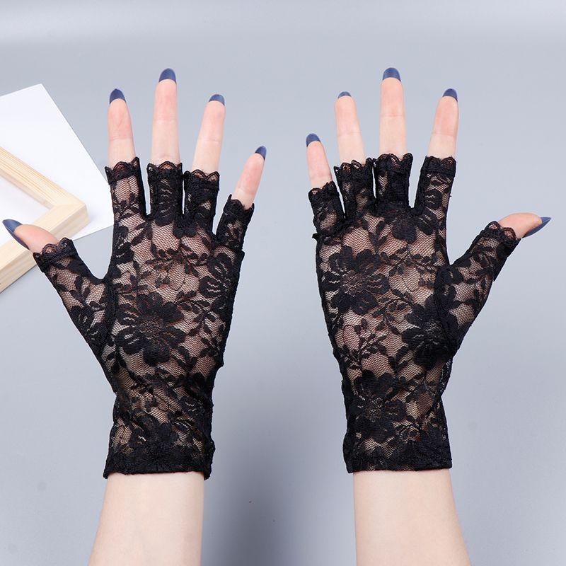 

Lace Gloves Female Half Finger Sun-Proof and Breathable Open Finger Sailor Dance Accessories Sexy Cutout Driving Scar Covering Spring and Summer Black All yards