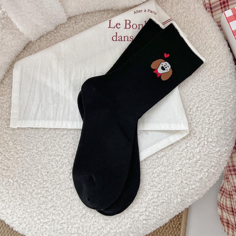 Cartoon Puppy Socks, Women's Spring and Autumn Fun Mid-calf Socks, Ribbed Color-blocking Pile Socks, Boneless