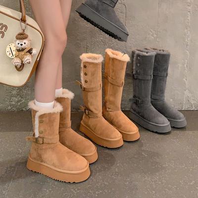 The Same Buckle Belt Thick-soled Plush Flanged Warm Cotton Shoes 2025 New Medium and Long Snow Boots Women's Winter Models