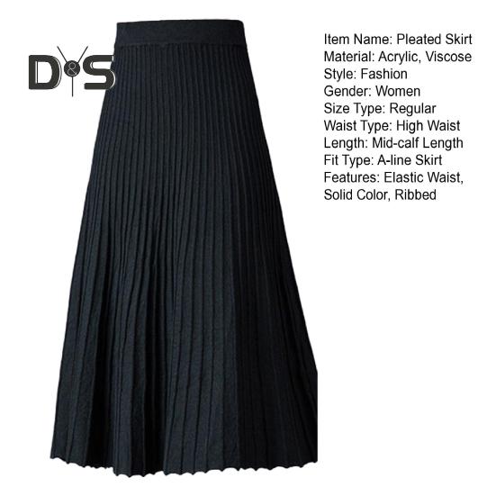 Women Pleated Skirt Elastic High Waist A-Line Midi Skirt Solid Color Mid-calf Length Skirt Thickened Commuting Style Skirt