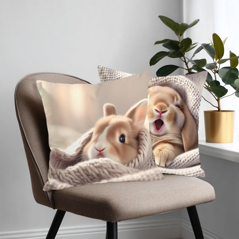 4Pcs Cute Bunny Rabbit Cushion Cover Sleeping Yawning Printed Pillow Case Polyester Home Decor Sofa Living Room 2D Flat