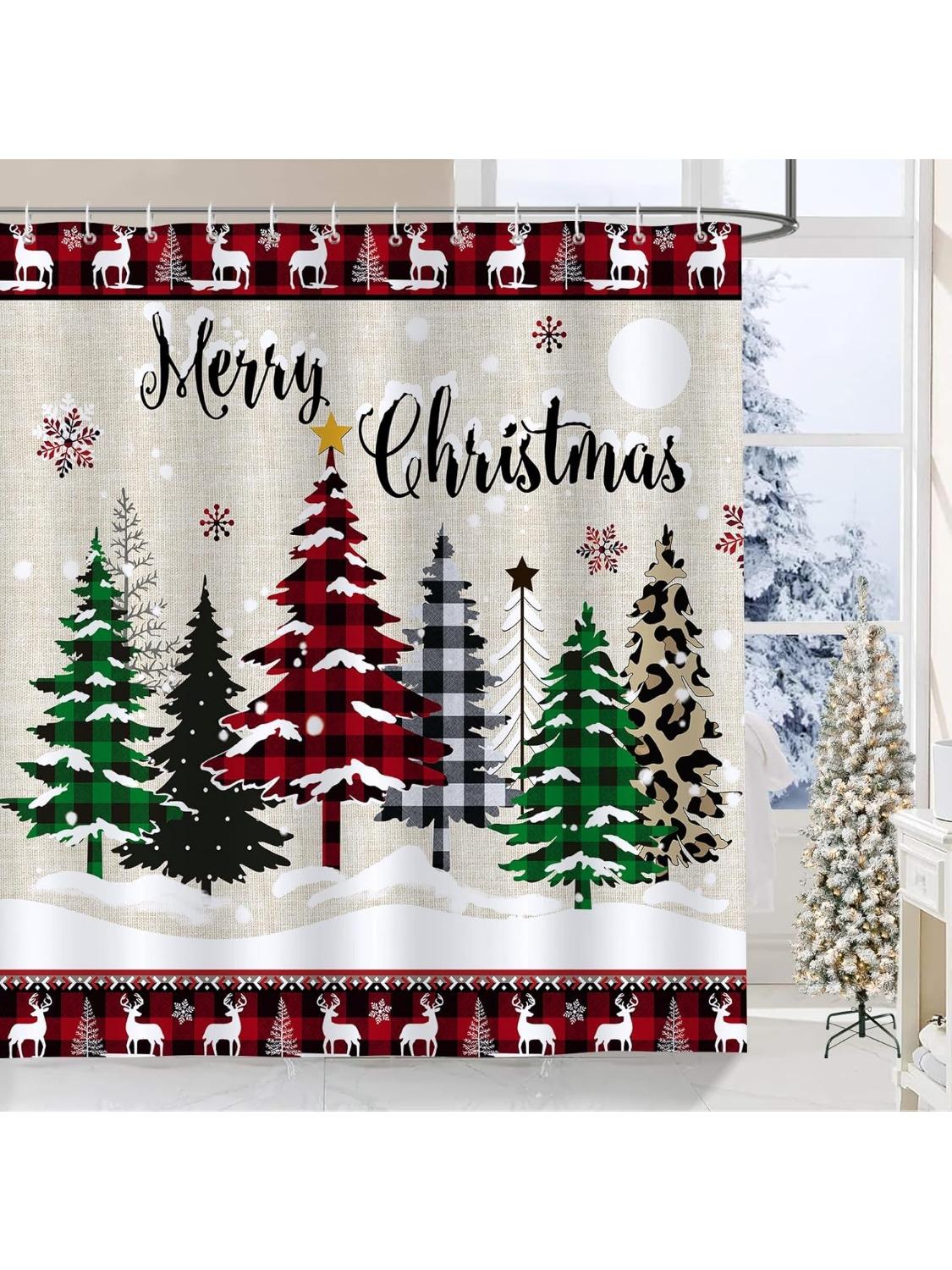 

Christmas Tree Shower Curtain Buffalo Plaid Xmas Tree Winter Snowflake Farmhouse Decorative Bath Curtain Polyester Fabric W60H190(CM)-1 Pcs