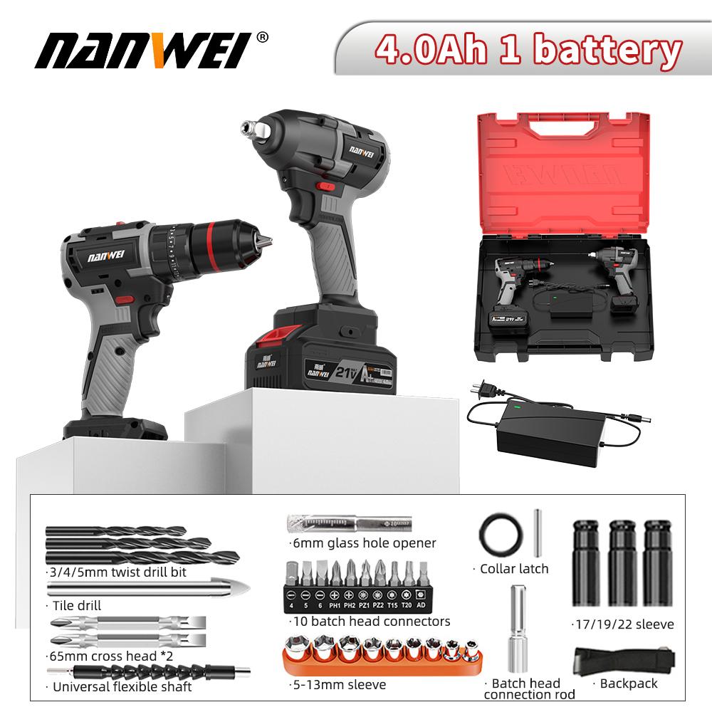 NANWEI 2 Piece 21V Brushless Motor Electric Wrench + Drill Tool Set