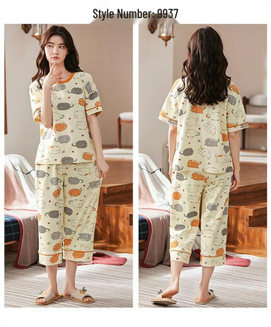 Aifen Teng Women's Summer Cotton Pajama Set: Short Sleeve Top & Three-Quarter Pants, Plus Size, All Cotton
