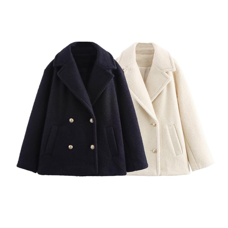 

Женское твидовое двубортное пальто с лацканами, весна 2025, с искусственным жемчугом Large темно-синий