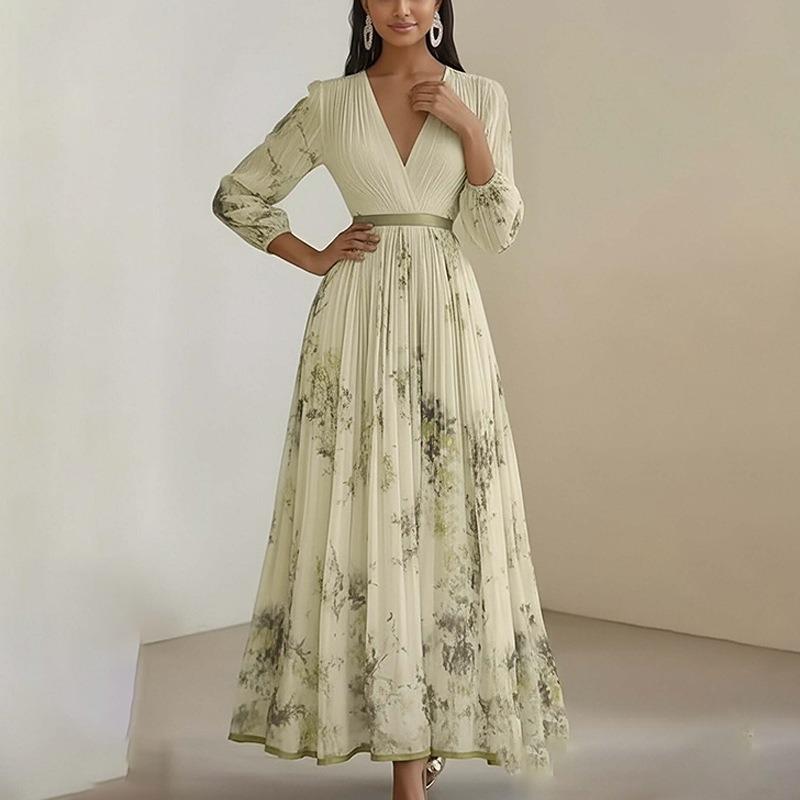 Women S Elegant Printed V Neck Pleated Long Sleeve A Line Dress Summer Slim Fit