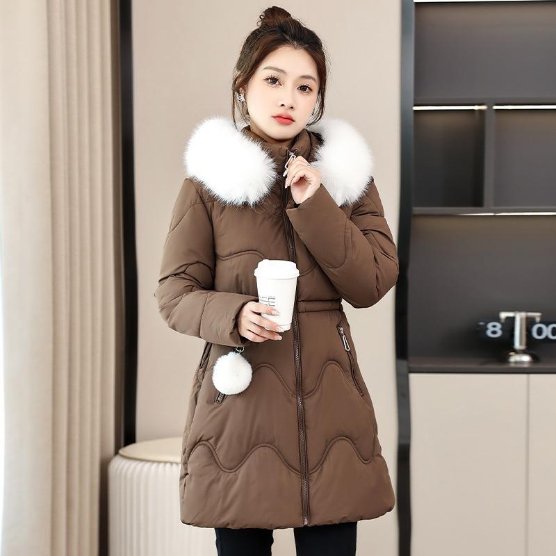 White Fur Collar Waist Padded Clothes Women's Winter New Medium and Long Hooded Padded Clothes Casual Padded Jacket