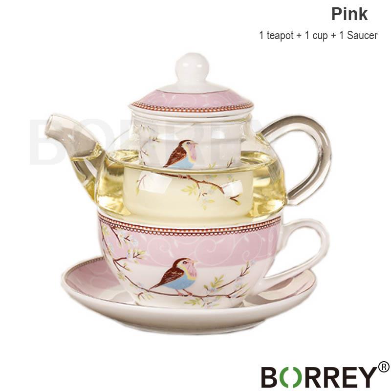 BORREY Flower Tea Pot Ceramic Teacup Saucer Heat Resistant Glass Teapot Filter Porcelain Office Coffee Cup Mug Afternoon Tea Set