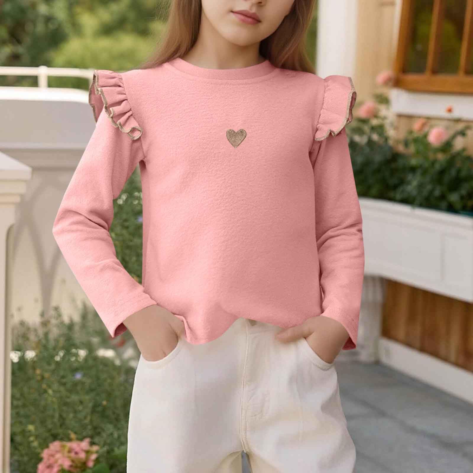 

Girls Cute Ruffle Shoulder Heart Printed Shirts Long Sleeve Crewneck Pullover Tops Fashion Plain Top 140 рожевий