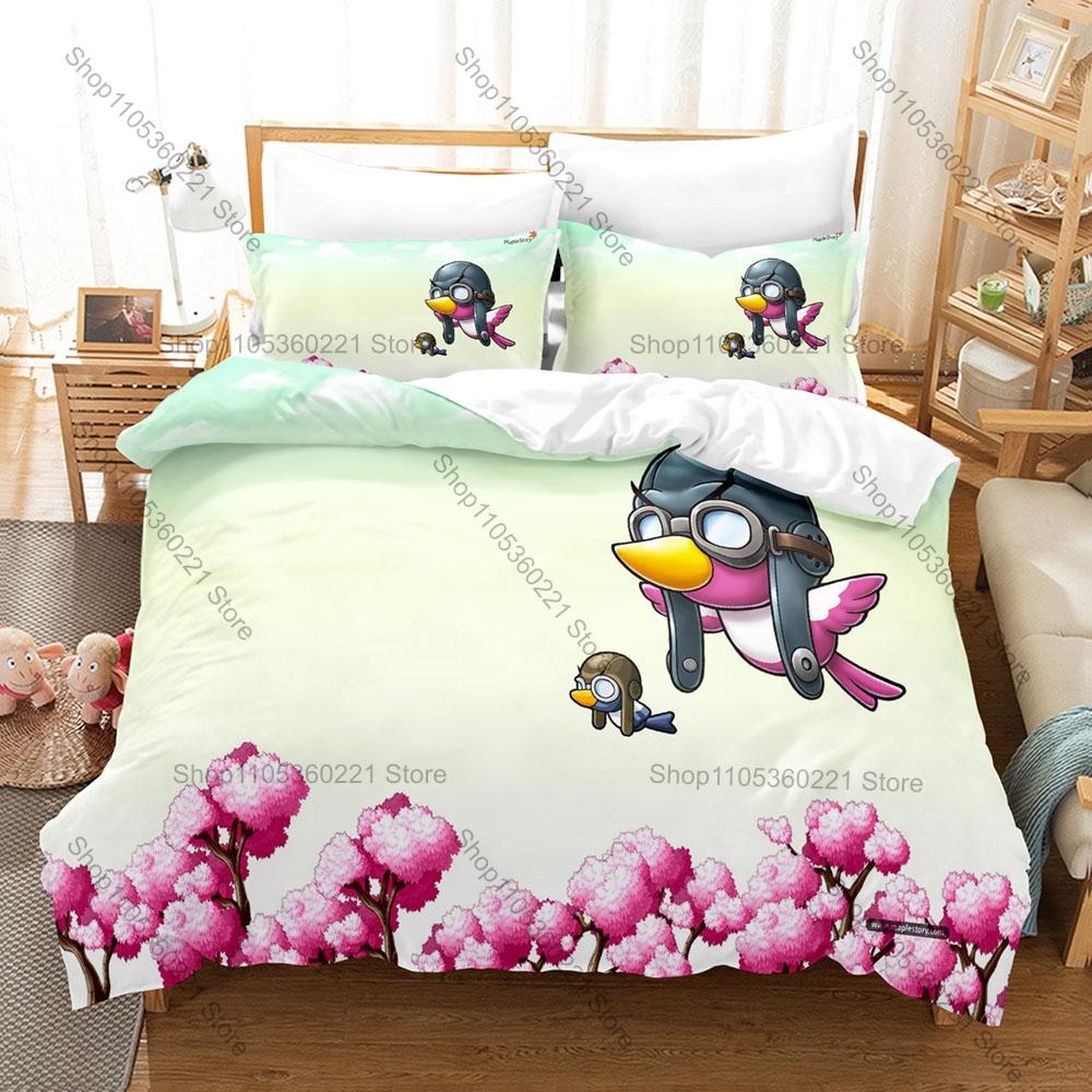 MapleStory 3Pcs Bedding Set Duvet Cover 2 Pillowcases Adele Mercedes Chibi Warrior Cartoon Graphic Breathable Dorm Bed Linen