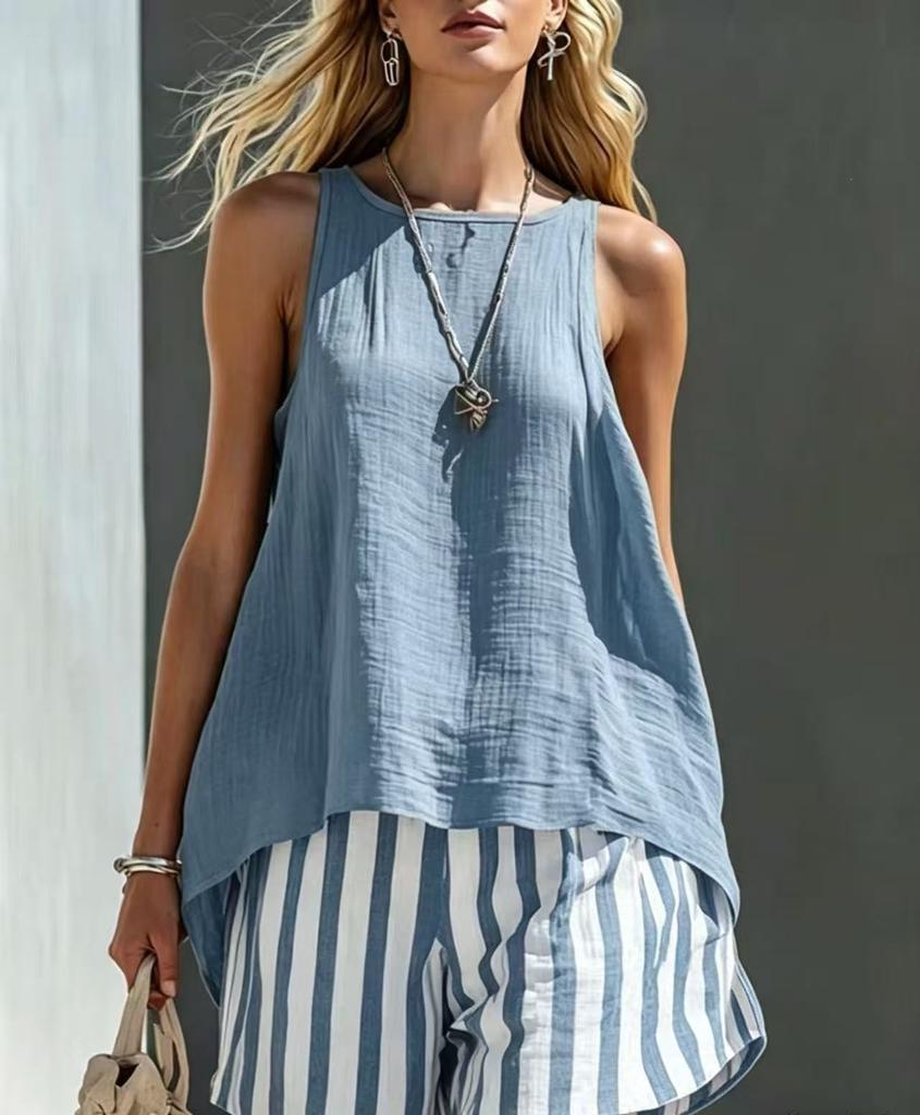 2026 cross-border new European and American style sleeveless striped suit women's summer loose casual two-piece set cross-border trendy