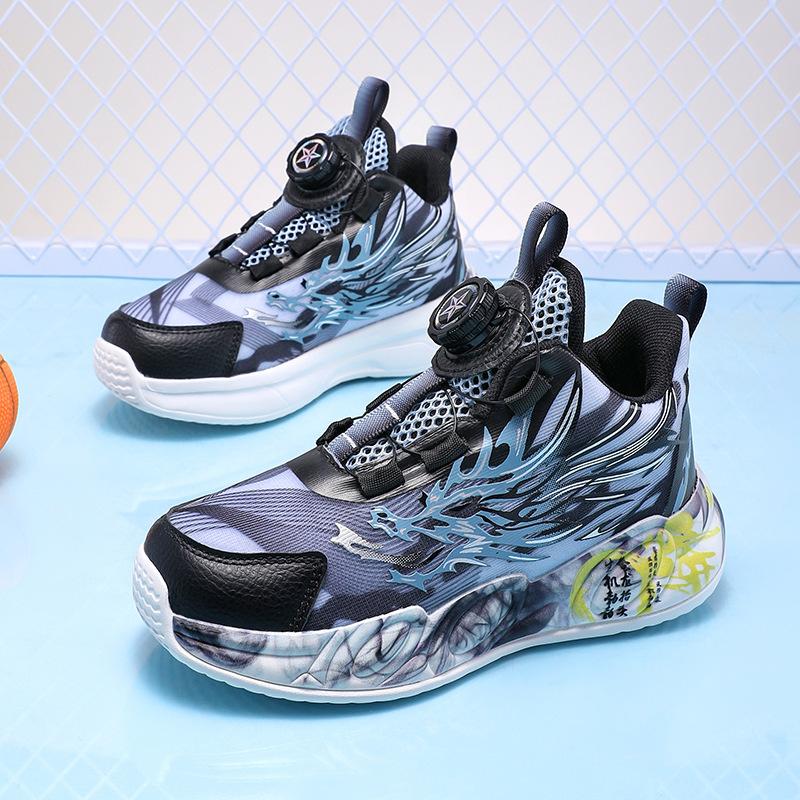 Spring and Summer Ice Silk Mesh Children's Basketball Shoes Sports Shoes Rotating Buckle Light Boys Running Shoes Primary School Students Graffiti Sho